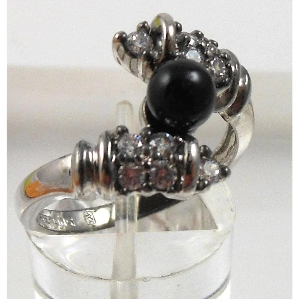 Vintage 90s Black Onyx Bead Bypass Ring‎ 925 Sterling Silver CZ Size 8 15mm Wide